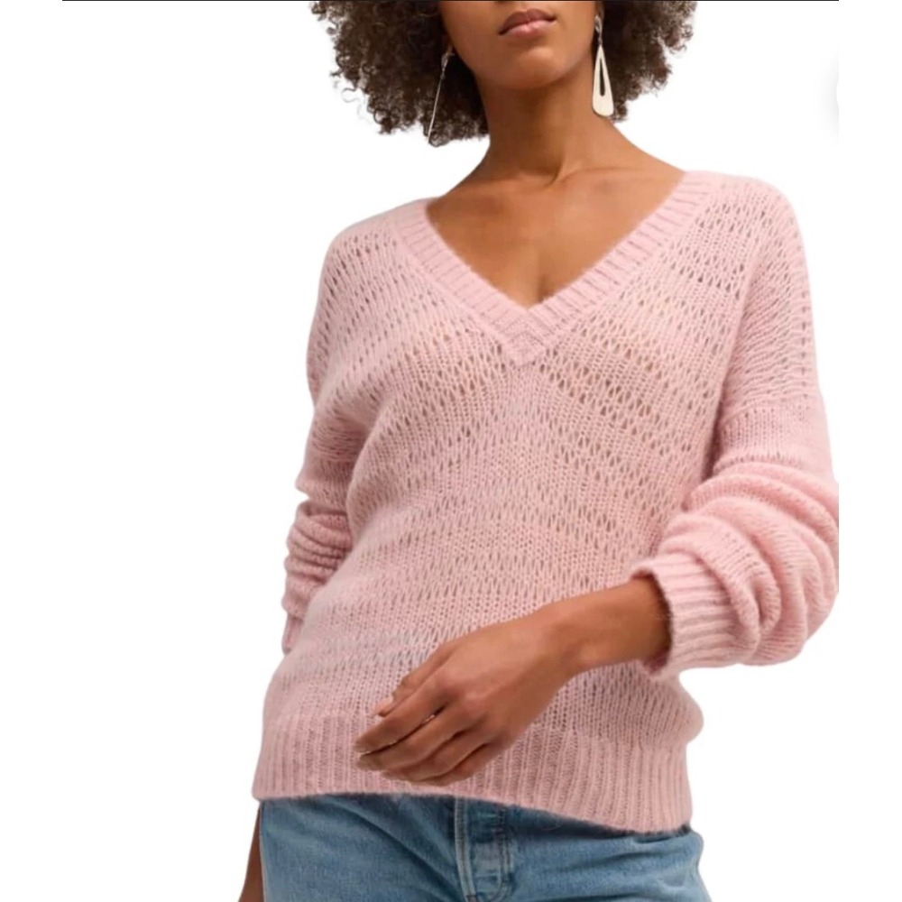 Naadam Alpaca Blend Open Stitch V-Neck Sweater Blush Pink Minimalist Luxury